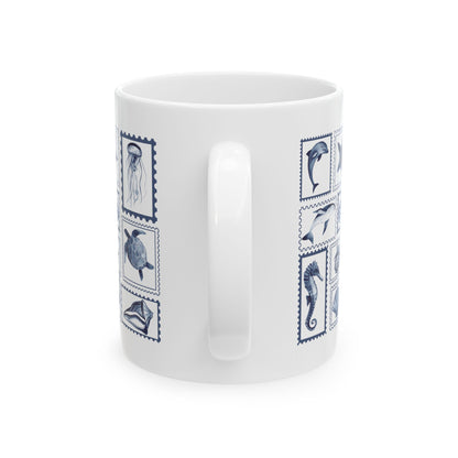 Nautical Ceramic Mug, 11oz and 15oz, Stamp Design Ocean-Themed Drinkware, Sea Life Coffee Cup, Coastal Decor, Ideal Gift for Marine Lovers