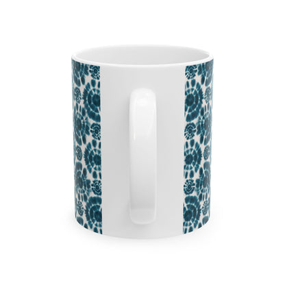 Teal Coffee Mug, Shibori Tie Dye Pattern Tea Cup, Boho Chic Ceramic Mug, Gifting, BPA Free Dishwasher Safe, Microwave Safe Coffee Mug