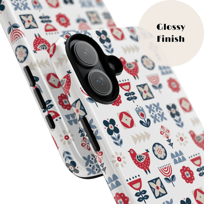 Scandinavian Bird & Floral Folk Art Phone Case - iPhone 17 / 17 Air / 17 Pro Max, Samsung Galaxy S26, Google Pixel | Matte & Glossy