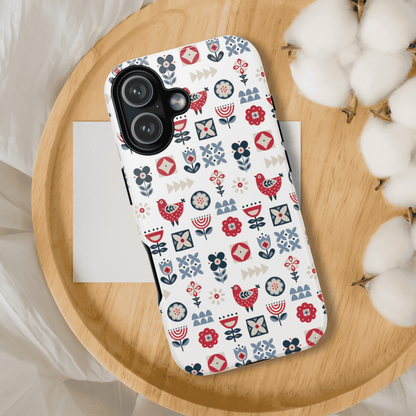 Scandinavian Bird & Floral Folk Art Phone Case - iPhone 17 / 17 Air / 17 Pro Max, Samsung Galaxy S26, Google Pixel | Matte & Glossy
