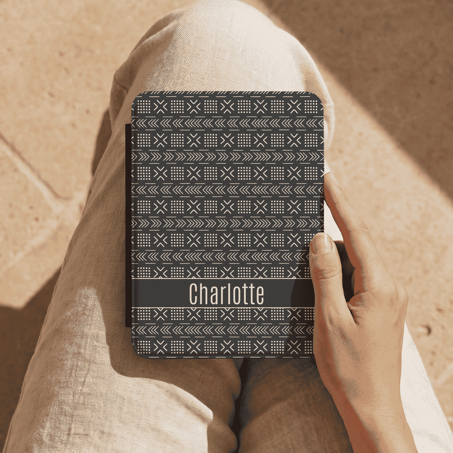 Custom Kindle Cover with Hand Strap, Paperwhite and Colorsoft 12th Generation, 7 inch, Personalized, Mud cloth Inspired Pattern