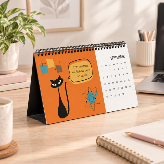 2027 Desk Calendar, Atomic Cat Design, Funny Office Humor Calendar, Retro Cat Art, Sarcastic Work Sayings, Coworker Gift