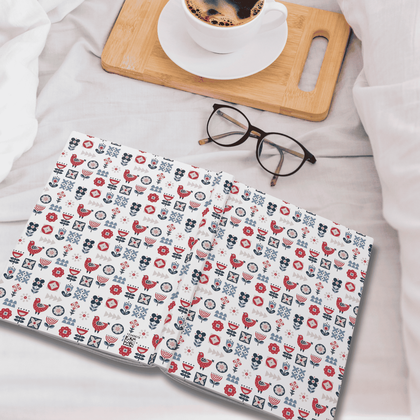 Hardcover Ruled Diary Journal, Nature-Inspired Scandinavian Folk Art Inspired Design, Blue and Yellow Notebook, Secret Santa Gift