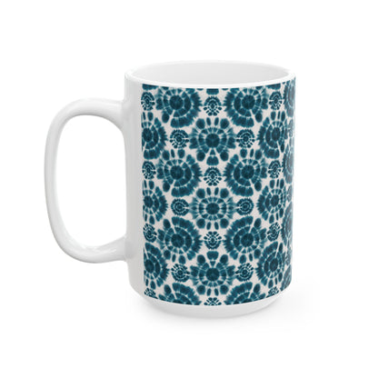Teal Coffee Mug, Shibori Tie Dye Pattern Tea Cup, Boho Chic Ceramic Mug, Gifting, BPA Free Dishwasher Safe, Microwave Safe Coffee Mug