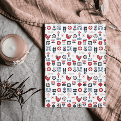 Hardcover Ruled Diary Journal, Nature-Inspired Scandinavian Folk Art Inspired Design, Blue and Yellow Notebook, Secret Santa Gift