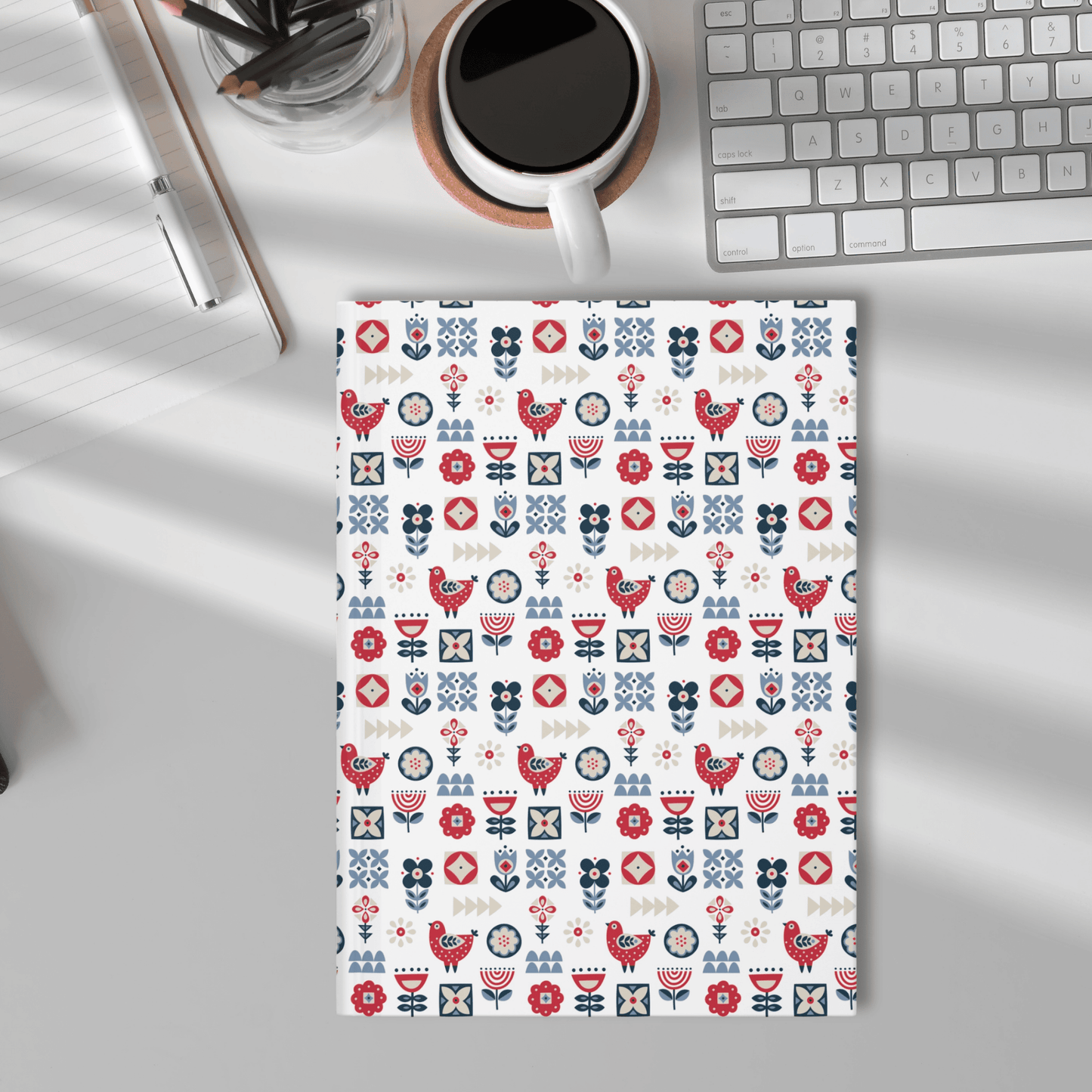 Hardcover Ruled Diary Journal, Nature-Inspired Scandinavian Folk Art Inspired Design, Blue and Yellow Notebook, Secret Santa Gift