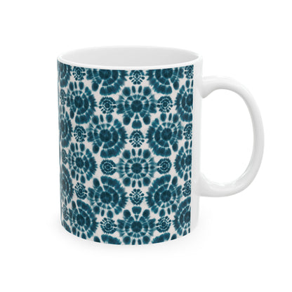 Teal Coffee Mug, Shibori Tie Dye Pattern Tea Cup, Boho Chic Ceramic Mug, Gifting, BPA Free Dishwasher Safe, Microwave Safe Coffee Mug