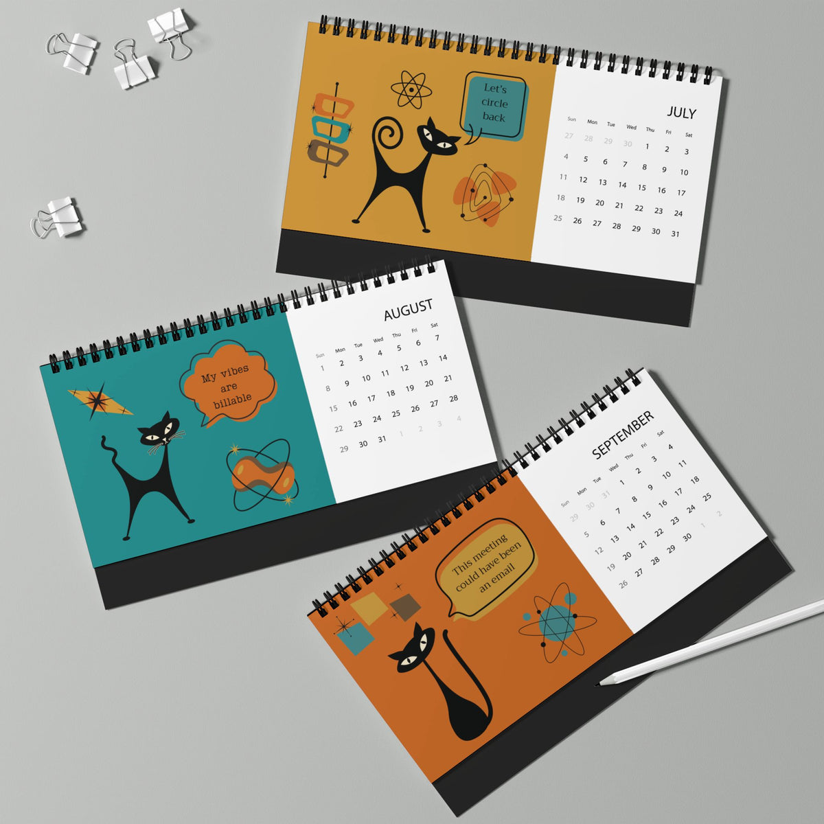 2027 Desk Calendar, Atomic Cat Design, Funny Office Humor Calendar, Retro Cat Art, Sarcastic Work Sayings, Coworker Gift