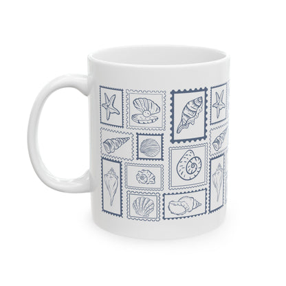 Shells & Stamps Ceramic Mug - Coastal Decor, Ocean Lover Gift, Nautical Kitchen, Beach House Essentials, Summer Vibes