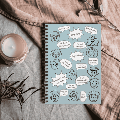 Funny Whimsical Spiral Notebook with Document Pocket, Remote Working Humor, Conference Call Bingo, Home Office, Gift for Boss, Coworker