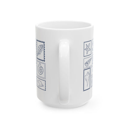 Shells & Stamps Ceramic Mug - Coastal Decor, Ocean Lover Gift, Nautical Kitchen, Beach House Essentials, Summer Vibes