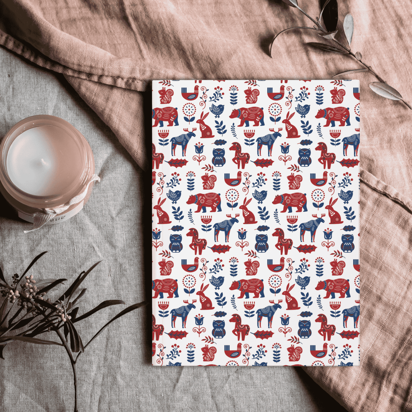Hardcover Diary Journal, Scandinavian Folk Art Animal Pattern Notebook, Christmas Gift