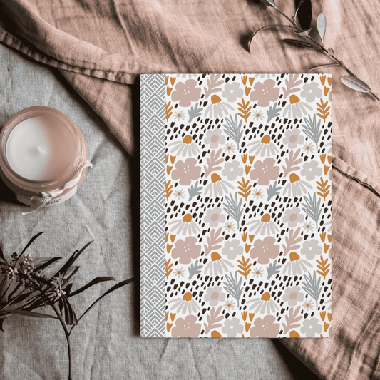 Cottagecore Floral Hardcover Journal, Geometric Pattern Spine Flowers Design, Feminine Artistic Diary for Authors, Students, Gift for her