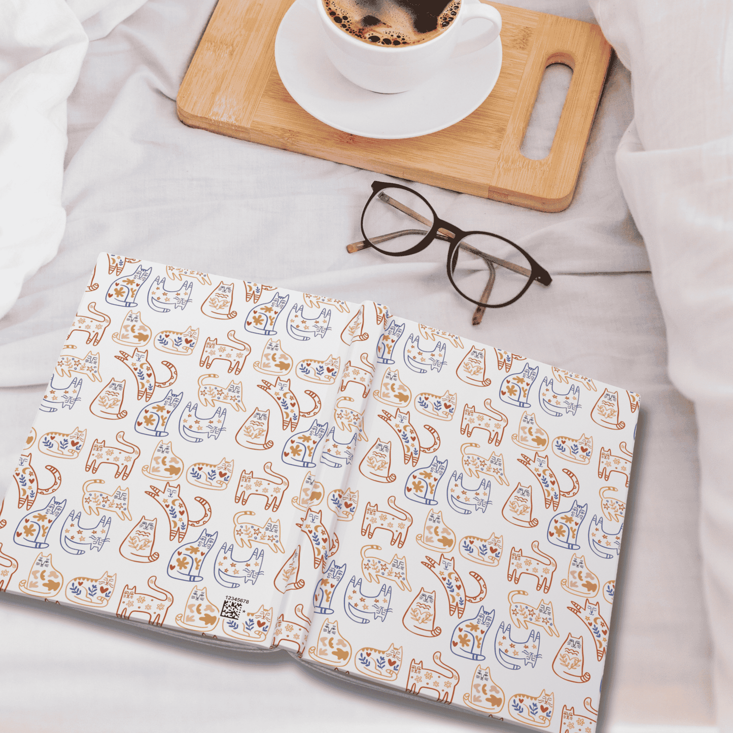 Hardcover Journal, Scandinavian Folk Art Cat Design Notebook, Secret Santa Christmas Gift, White Elephant Gift for Cat Lovers