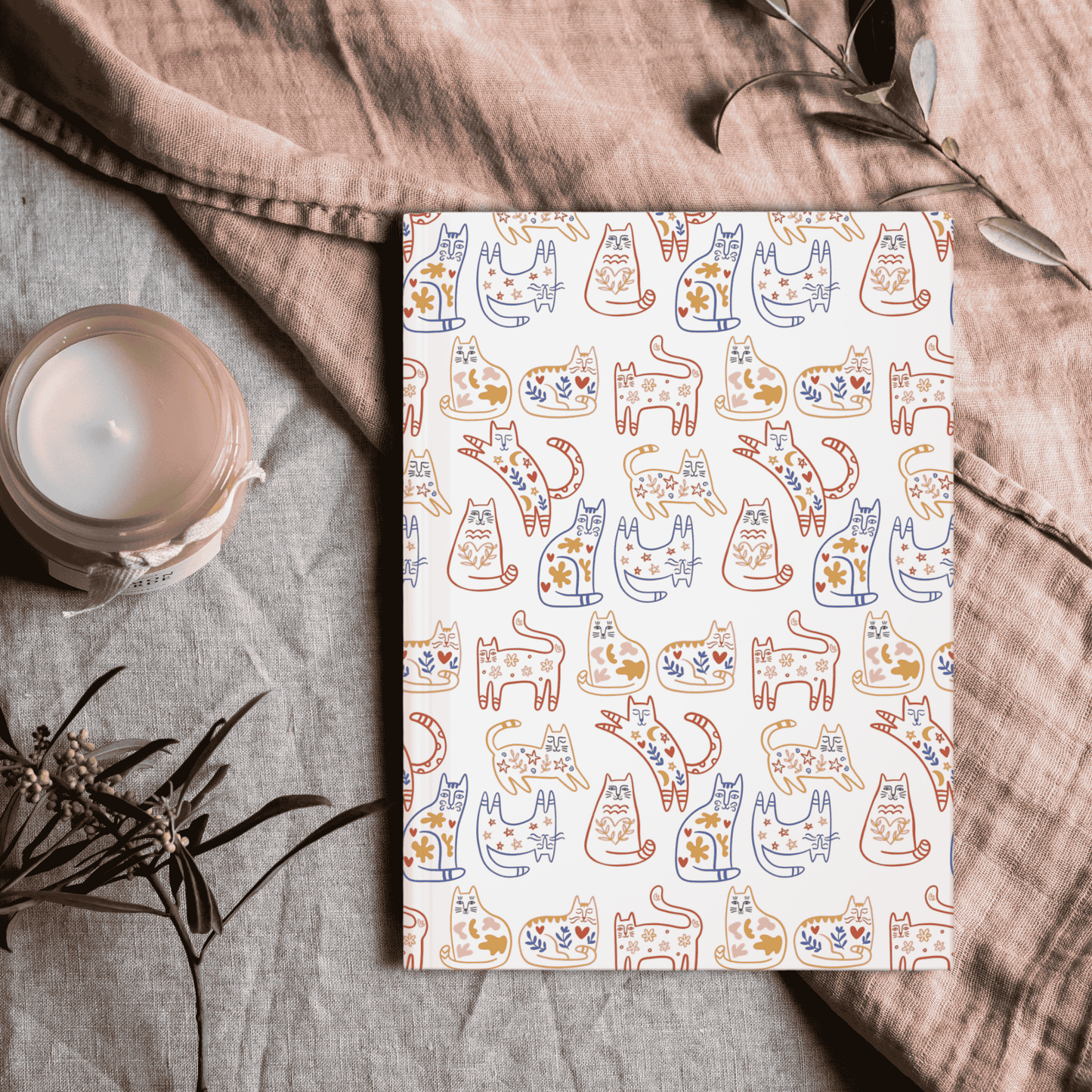 Hardcover Journal, Scandinavian Folk Art Cat Design Notebook, Secret Santa Christmas Gift, White Elephant Gift for Cat Lovers