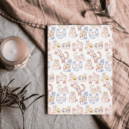 Hardcover Journal, Scandinavian Folk Art Cat Design Notebook, Secret Santa Christmas Gift, White Elephant Gift for Cat Lovers