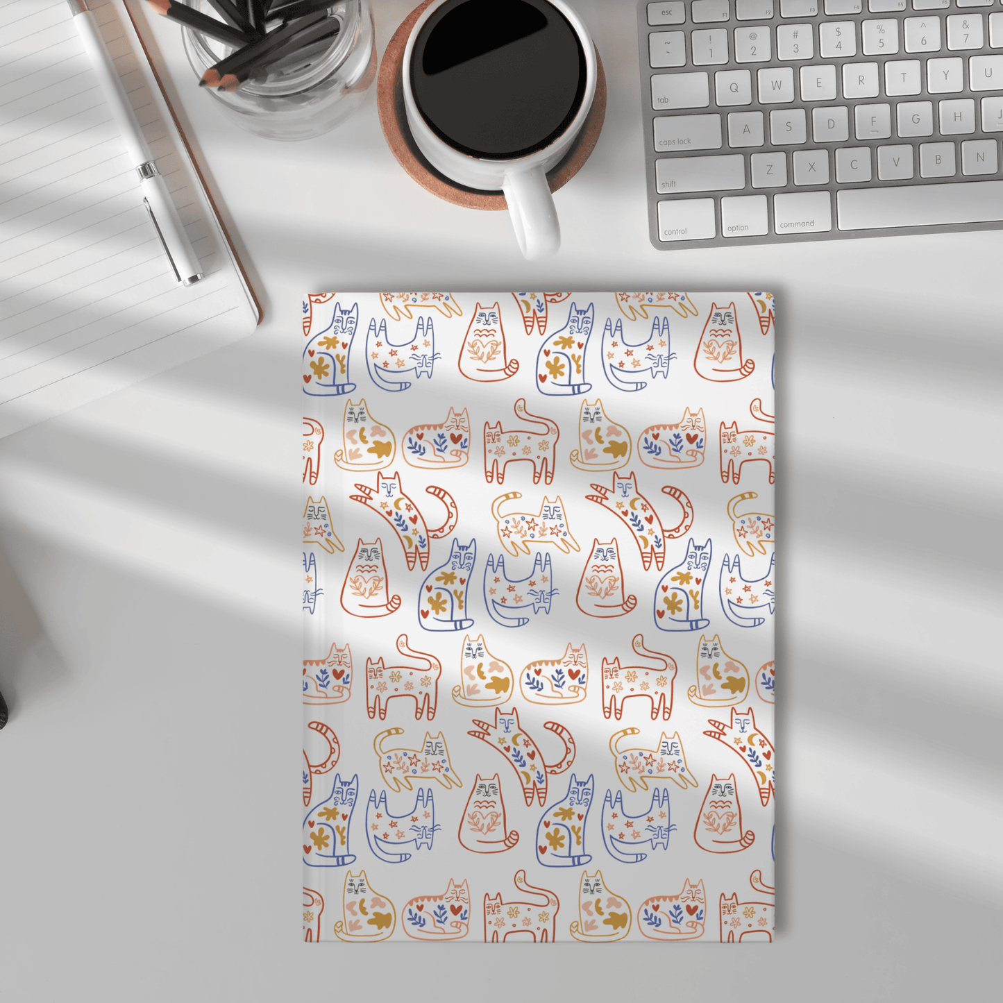 Hardcover Journal, Scandinavian Folk Art Cat Design Notebook, Secret Santa Christmas Gift, White Elephant Gift for Cat Lovers