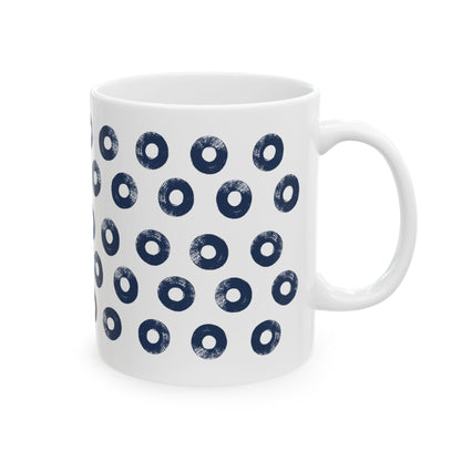 Navy Circles Ceramic Coffee Mug, Distressed Brush Circles Indigo Tea Cup for Home, Office, Cute Coffee Cup, Tea Lover's Mug, Unisex gift