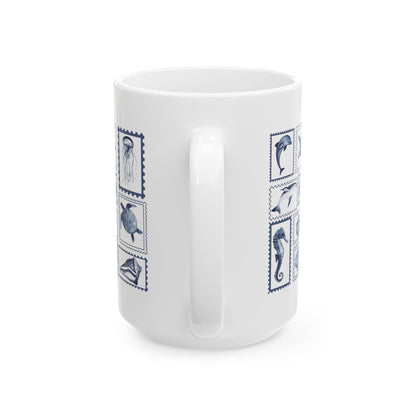 Nautical Ceramic Mug, 11oz and 15oz, Stamp Design Ocean-Themed Drinkware, Sea Life Coffee Cup, Coastal Decor, Ideal Gift for Marine Lovers