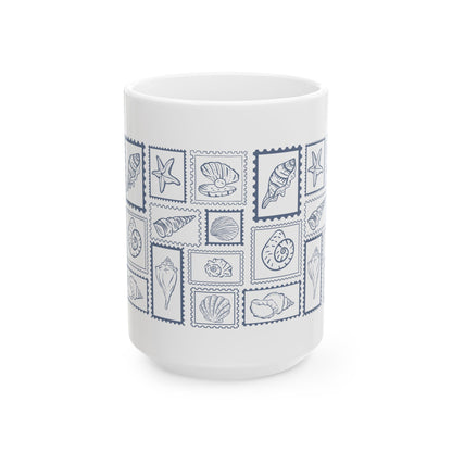 Shells & Stamps Ceramic Mug - Coastal Decor, Ocean Lover Gift, Nautical Kitchen, Beach House Essentials, Summer Vibes