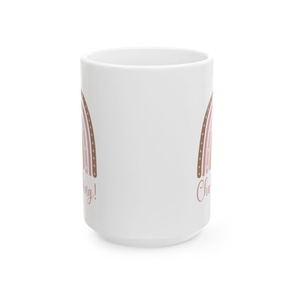 Ceramic Mug for Entrepreneurs, Gift for Small Business Owners, Boho Rainbow Coffee Cup, Cha-Ching Tea Mug, Positive Vibes Cup