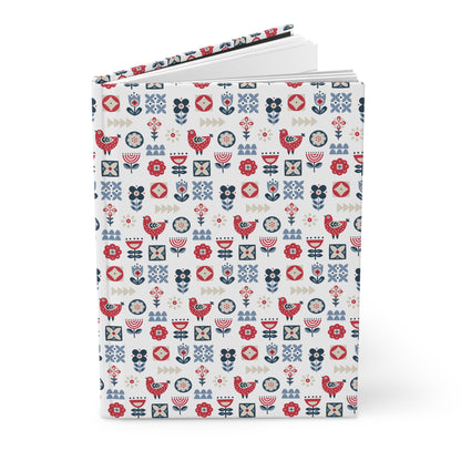 Hardcover Ruled Diary Journal, Nature-Inspired Scandinavian Folk Art Inspired Design, Blue and Yellow Notebook, Secret Santa Gift