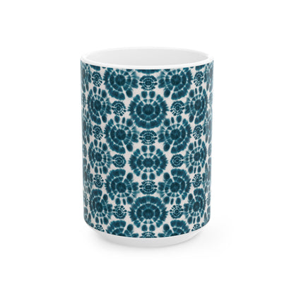 Teal Coffee Mug, Shibori Tie Dye Pattern Tea Cup, Boho Chic Ceramic Mug, Gifting, BPA Free Dishwasher Safe, Microwave Safe Coffee Mug
