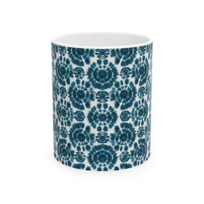 Teal Coffee Mug, Shibori Tie Dye Pattern Tea Cup, Boho Chic Ceramic Mug, Gifting, BPA Free Dishwasher Safe, Microwave Safe Coffee Mug
