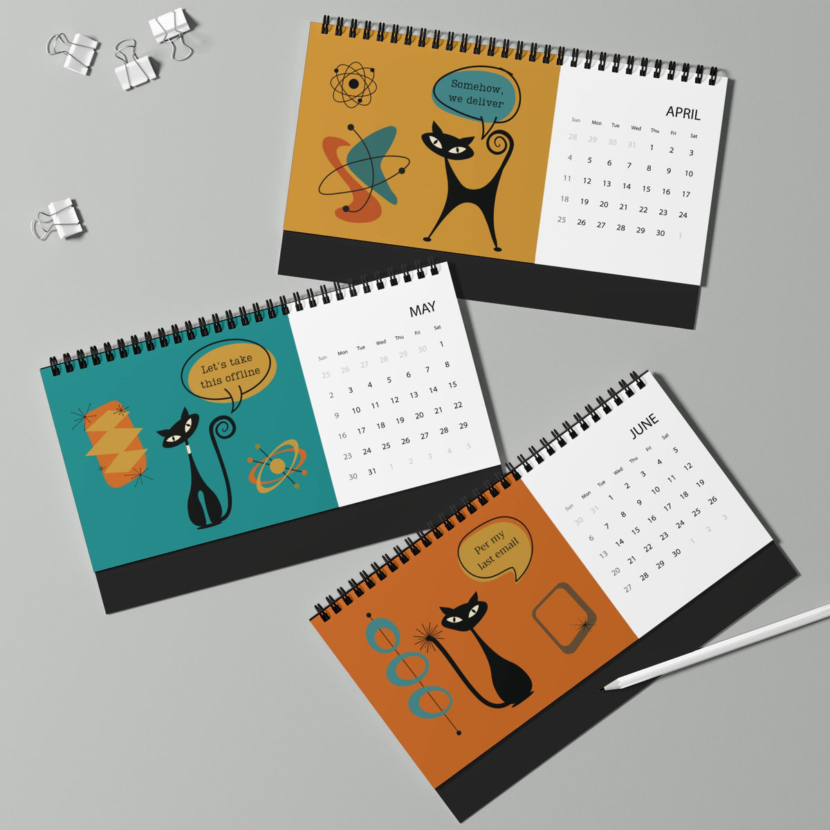 2027 Desk Calendar, Atomic Cat Design, Funny Office Humor Calendar, Retro Cat Art, Sarcastic Work Sayings, Coworker Gift