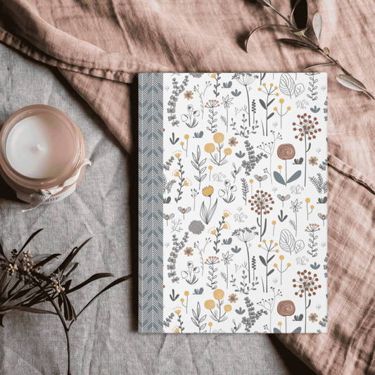 Cottagecore Floral Hardcover Journal, Geometric Pattern Spine Flowers Design, Nature Inspired Feminine Artistic Diary for Authors, Students