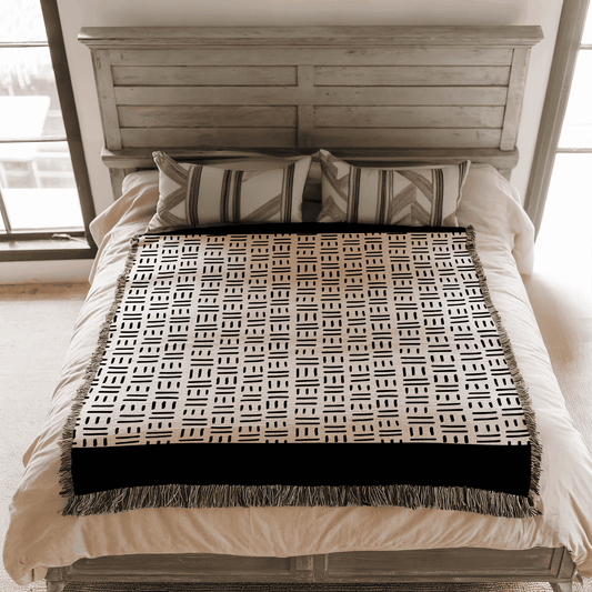 Minimalist Woven Blanket in Aztek Pattern, 100% Cotton Throw Blanket, Black and Beige Home Decor, Housewarming, Christmas, Birthday Gift