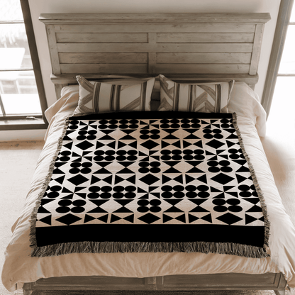 Woven Blanket, Mid Century Modern Black and Beige Minimalist Throw Couch Blanket, 100% Cotton, Abstract Geometric Pattern, Christmas Gift