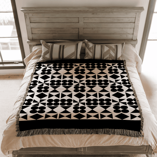Woven Blanket, Mid Century Modern Black and Beige Minimalist Throw Couch Blanket, 100% Cotton, Abstract Geometric Pattern, Christmas Gift