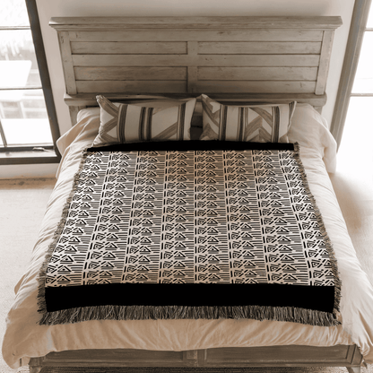 Woven Throw Blanket Aztek Pattern, 100% Cotton, Black and Beige Minimalist Home Decor, Housewarming Gift, Christmas, Birthday Gift