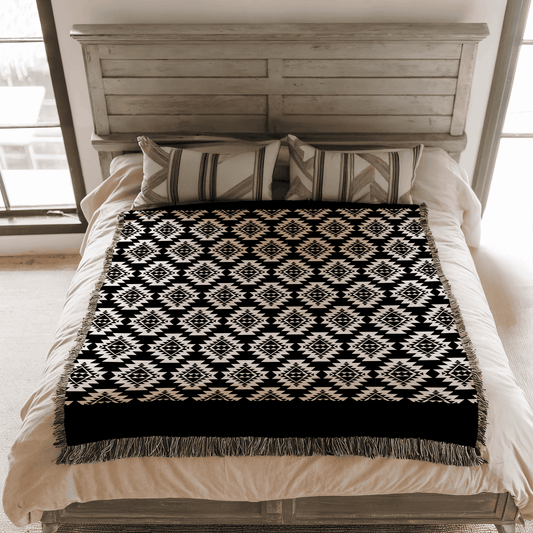 Cotton Woven Blanket Aztek Pattern, 100% Cotton, Black and Beige Boho Minimalist Throw Home Decor, Housewarming, Christmas Gift