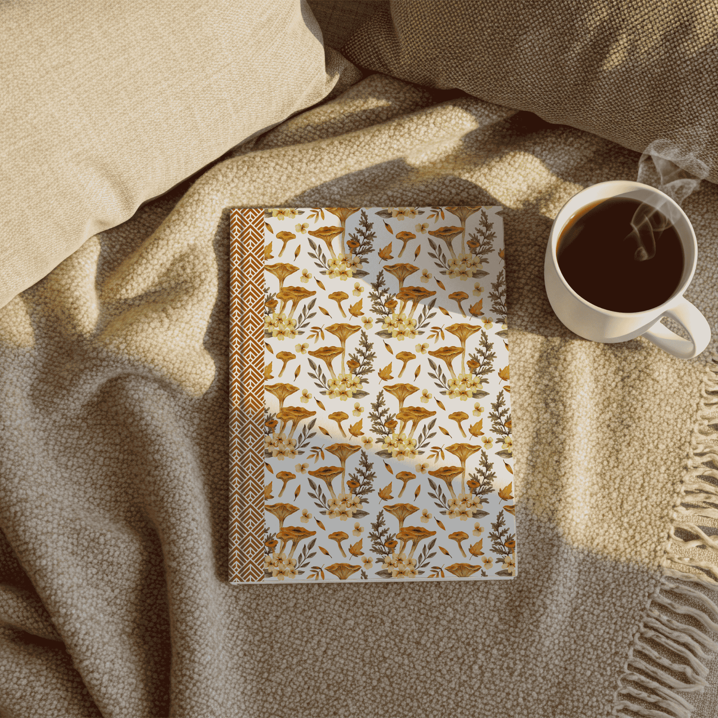 Autumn Themed Hardcover Matte Journal with Vibrant Mushrooms, Cute Yellow Flowers, and Botanical Elements