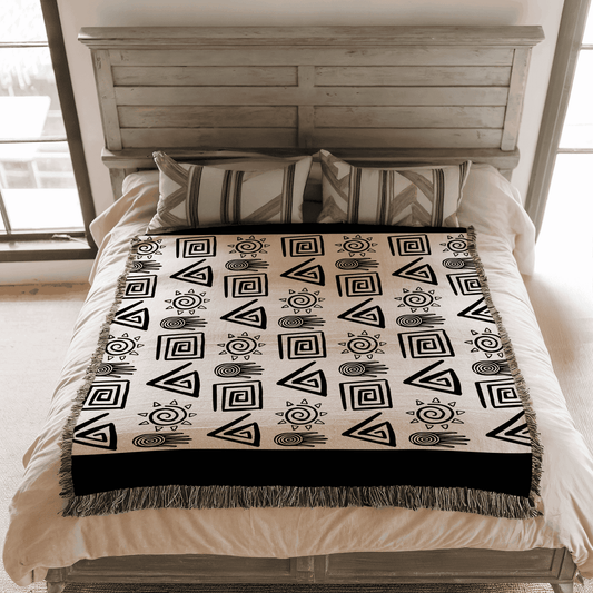 African Tribal Inspired Throw Blanket, 100% Cotton, Black and Beige Minimalist Woven Blanket, Boho Wall Decor, Christmas, Housewarming Gift