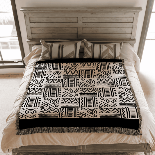 African Tribal Pattern Woven Blanket, 100% Cotton, Black and Beige Minimalist Throw for Couch, Boho Wall Decor, Christmas, Housewarming Gift