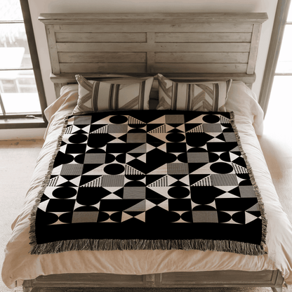 Mid Century Modern Woven Blanket, 100% Cotton, Black and Beige Minimalist Throw Couch Blanket, Abstract Geometric Pattern, Christmas Gift