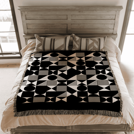 Mid Century Modern Woven Blanket, 100% Cotton, Black and Beige Minimalist Throw Couch Blanket, Abstract Geometric Pattern, Christmas Gift