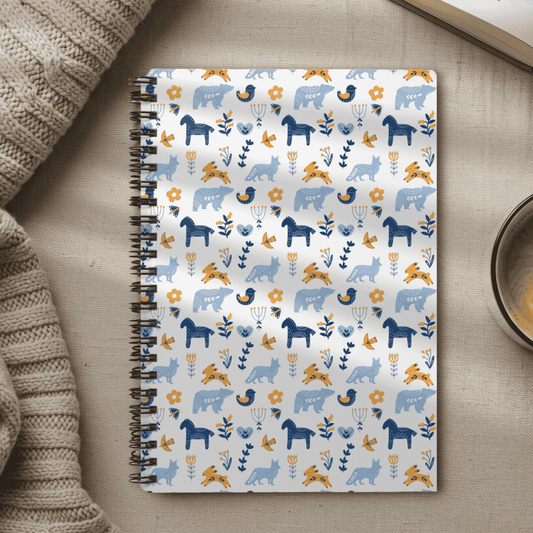 Spiral Notebook, Scandinavian Folk Art Inspired Design, Perfect for Journaling, Scandi Floral Animal Prints, Horse, Bear, Rabbit