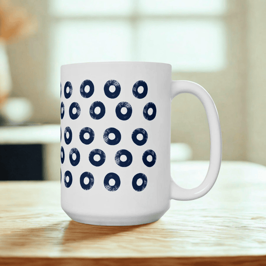 Navy Circles Ceramic Coffee Mug, Distressed Brush Circles Indigo Tea Cup for Home, Office, Cute Coffee Cup, Tea Lover's Mug, Unisex gift