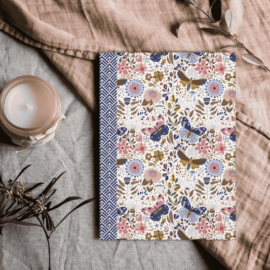 Cottagecore Floral Hardcover Journal with Matte Finish | Pink Flowers and Butterflies | Gift for Writers and Nature Lovers