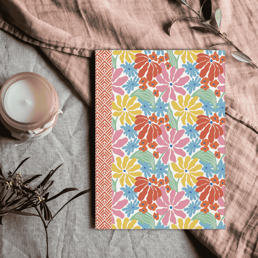 Colorful Retro Flowers Hardcover Journal Notebook, Vintage Groovy Floral Design