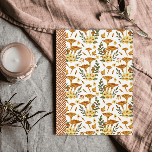 Autumn Themed Hardcover Matte Journal with Vibrant Mushrooms, Cute Yellow Flowers, and Botanical Elements