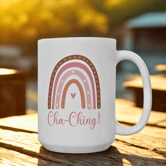 Ceramic Mug for Entrepreneurs, Gift for Small Business Owners, Boho Rainbow Coffee Cup, Cha-Ching Tea Mug, Positive Vibes Cup