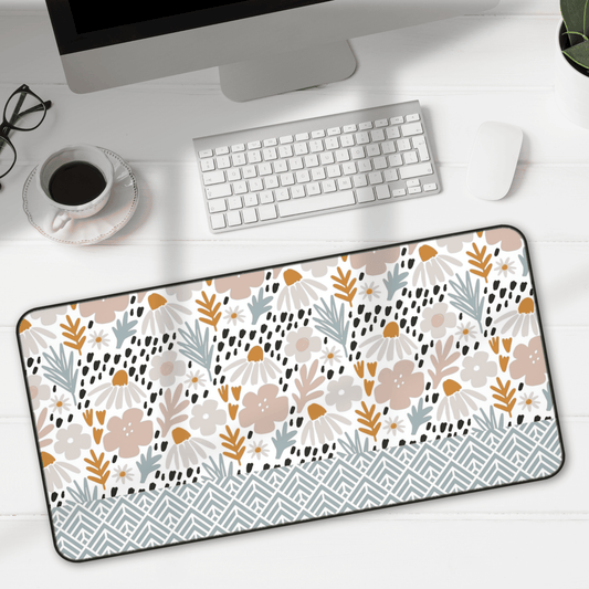 Floral Desk Mat with Geometric Pattern, Hemmed Edges, Stylish Work Surface, Home Office Decor, Gift for Students, Large Computer Mouse Pad