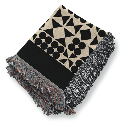 Woven Blanket, Mid Century Modern Black and Beige Minimalist Throw Couch Blanket, 100% Cotton, Abstract Geometric Pattern, Christmas Gift