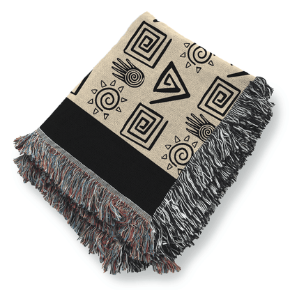 African Tribal Inspired Throw Blanket, 100% Cotton, Black and Beige Minimalist Woven Blanket, Boho Wall Decor, Christmas, Housewarming Gift