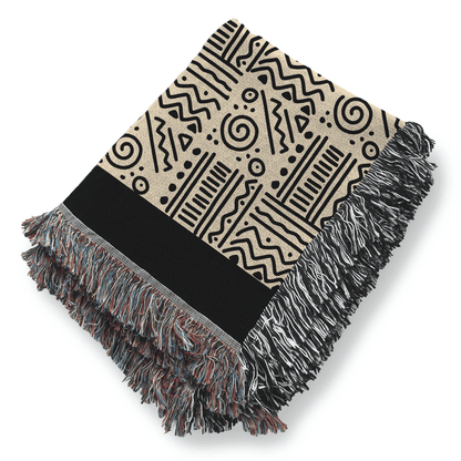 African Tribal Pattern Woven Blanket, 100% Cotton, Black and Beige Minimalist Throw for Couch, Boho Wall Decor, Christmas, Housewarming Gift